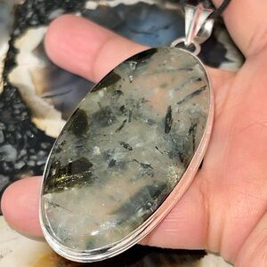 Large Yellow Green Needle Like Moss Prehnite Pendant 3”